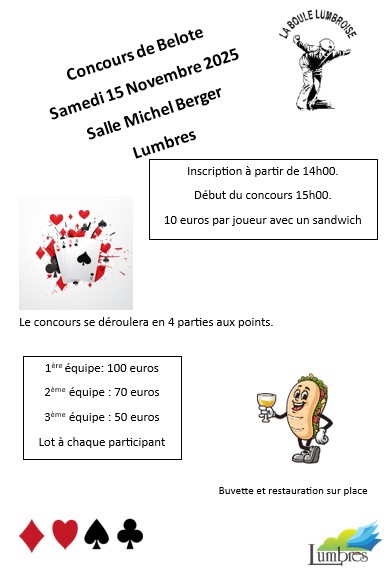 Concours de belote le 15 novembre à Lumbres