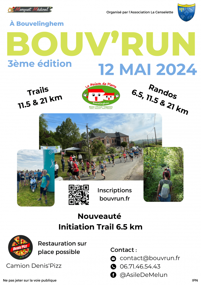 Dimanche 12 mai - 3ème édition de la Bouv'Run - Bouvelinghem - Trails de 6,5km, 11,5km et 21km Randos de 6,5, 11,5 et 21km - Inscriptions sur bouvrun.fr